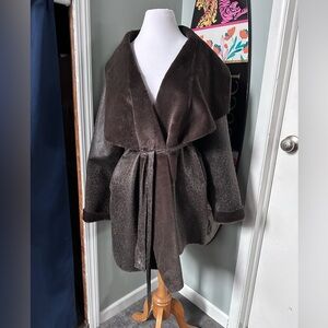 Chi by Falchi Faux Leather Fur Belted Shawl Wrap Jacket Cheetah Animal Print 2X